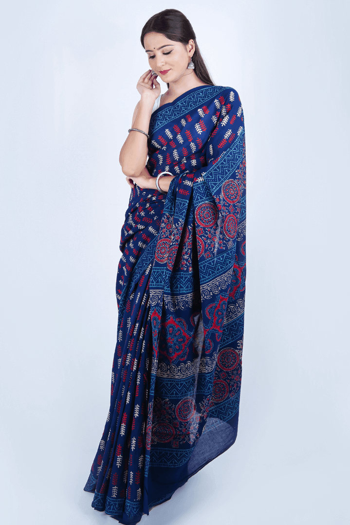 Hand Block Printed Blue Pure Mulmul Cotton Saree - The House of RajPadmini