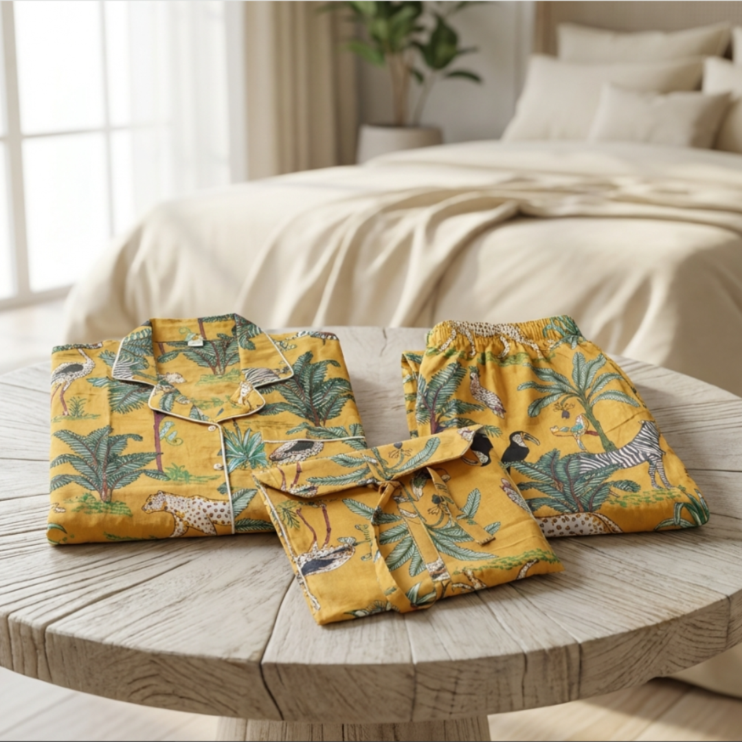 Gulmer by RajPadmini β Aranyaka Jungle Safari Mulmul Cotton Cord Set with matching Cover| Animal Print Yellow Nightsuit for Women | Breathable Loungewear with Collar Shirt & Pants