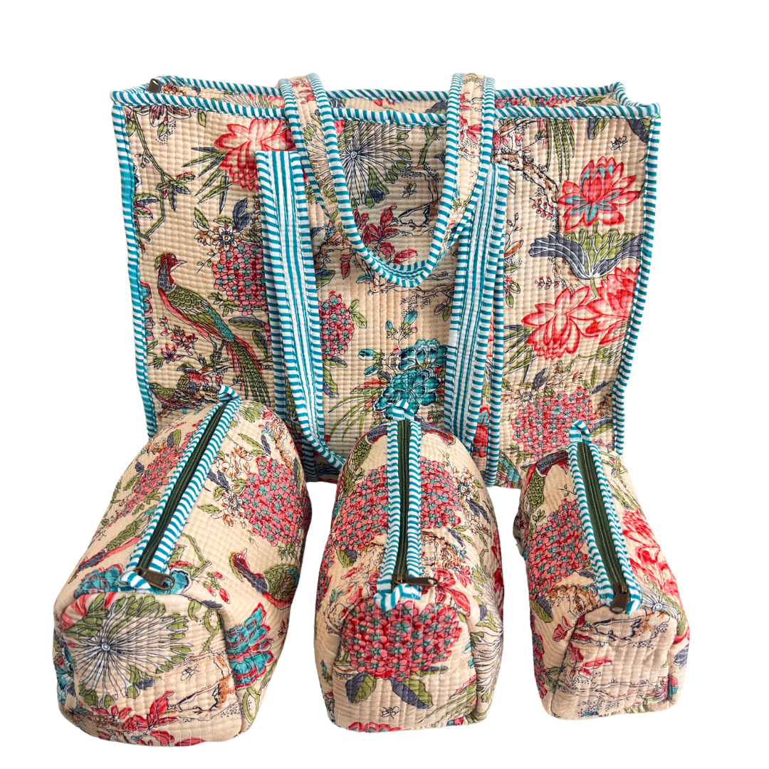 4-in-1 Festive Gifting COMBO : Premium Quilted Tote Bag + 3 Waterproof Pouches = Your Complete Organization Solution!