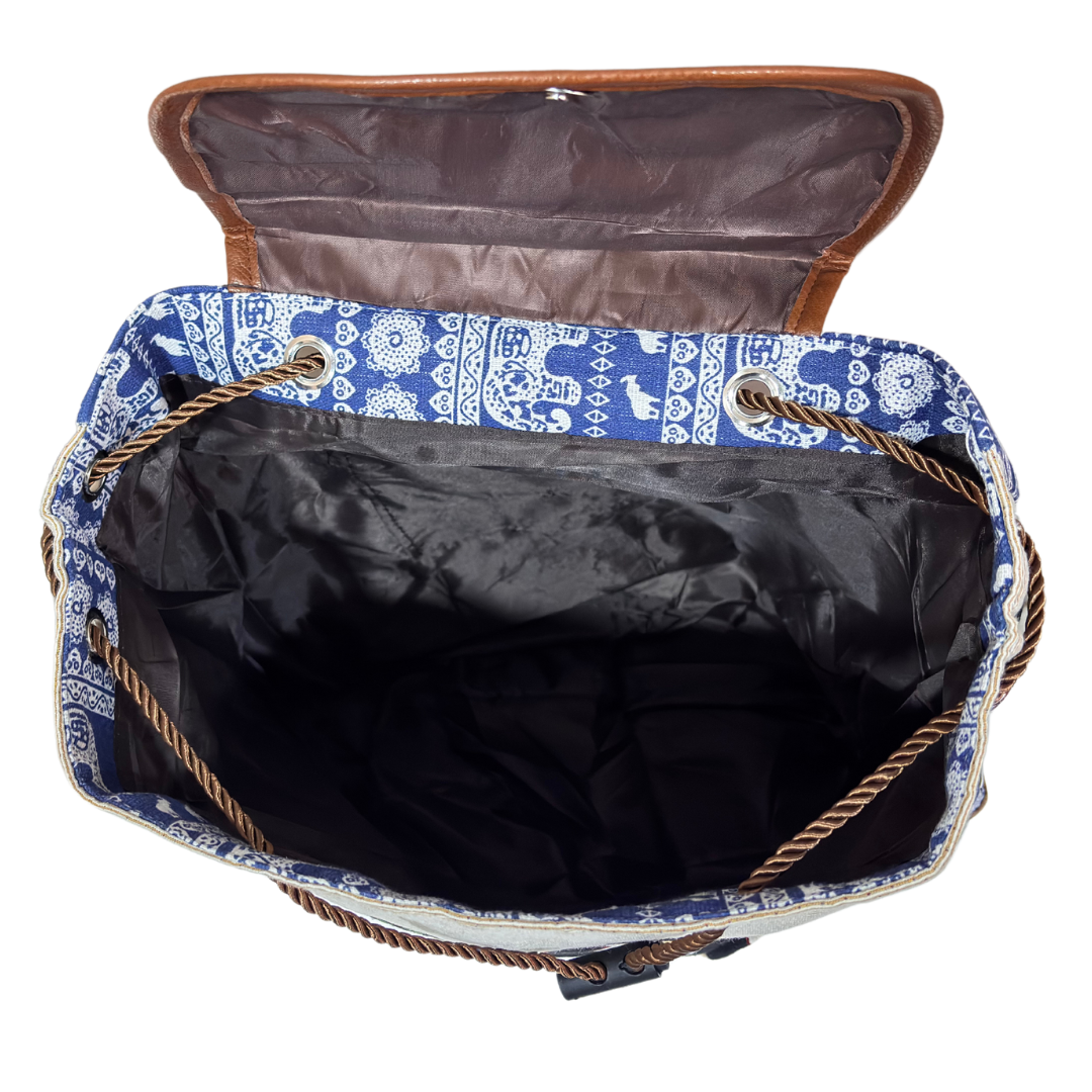 Trekking Paradise Edition: Natural Hemp Elephant Print Drawstring Backpack - The House of RajPadmini