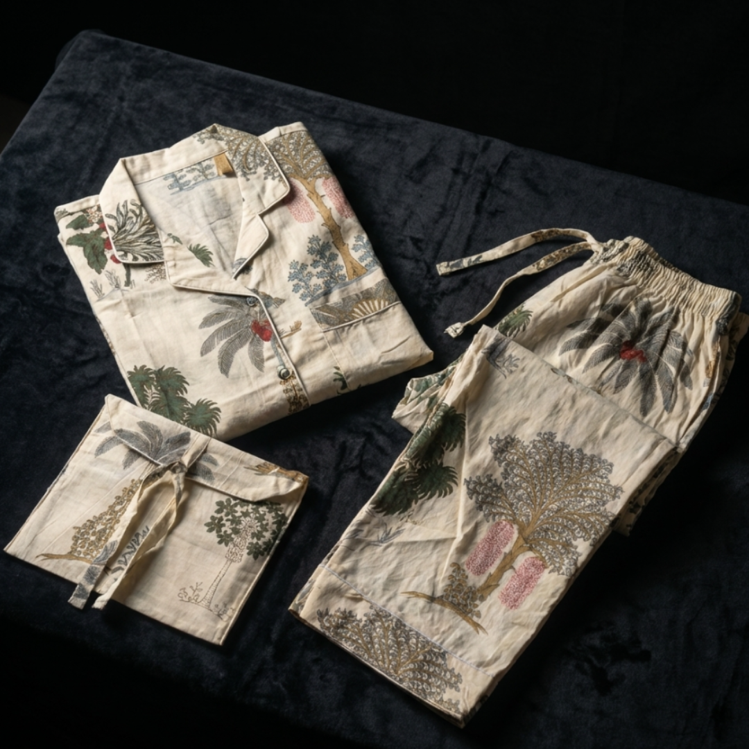 Gulmer by RajPadmini β Kalpa Vriksha Mulmul Cotton Cord Set with matching Cover| Off-white Nightsuit for Women | Breathable Loungewear with Collar Shirt & Pants