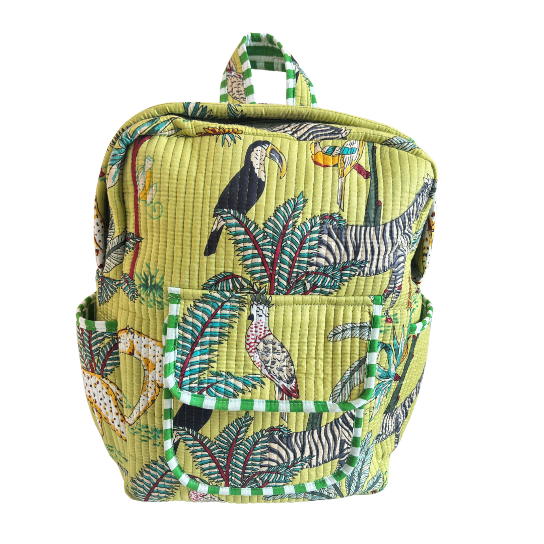 The Jungle Book Edition:- Premium Quilted Green Cotton Backpack with Animal Print Design - Stylish Eco-Friendly Bag for School, Travel, and Everyday Adventures