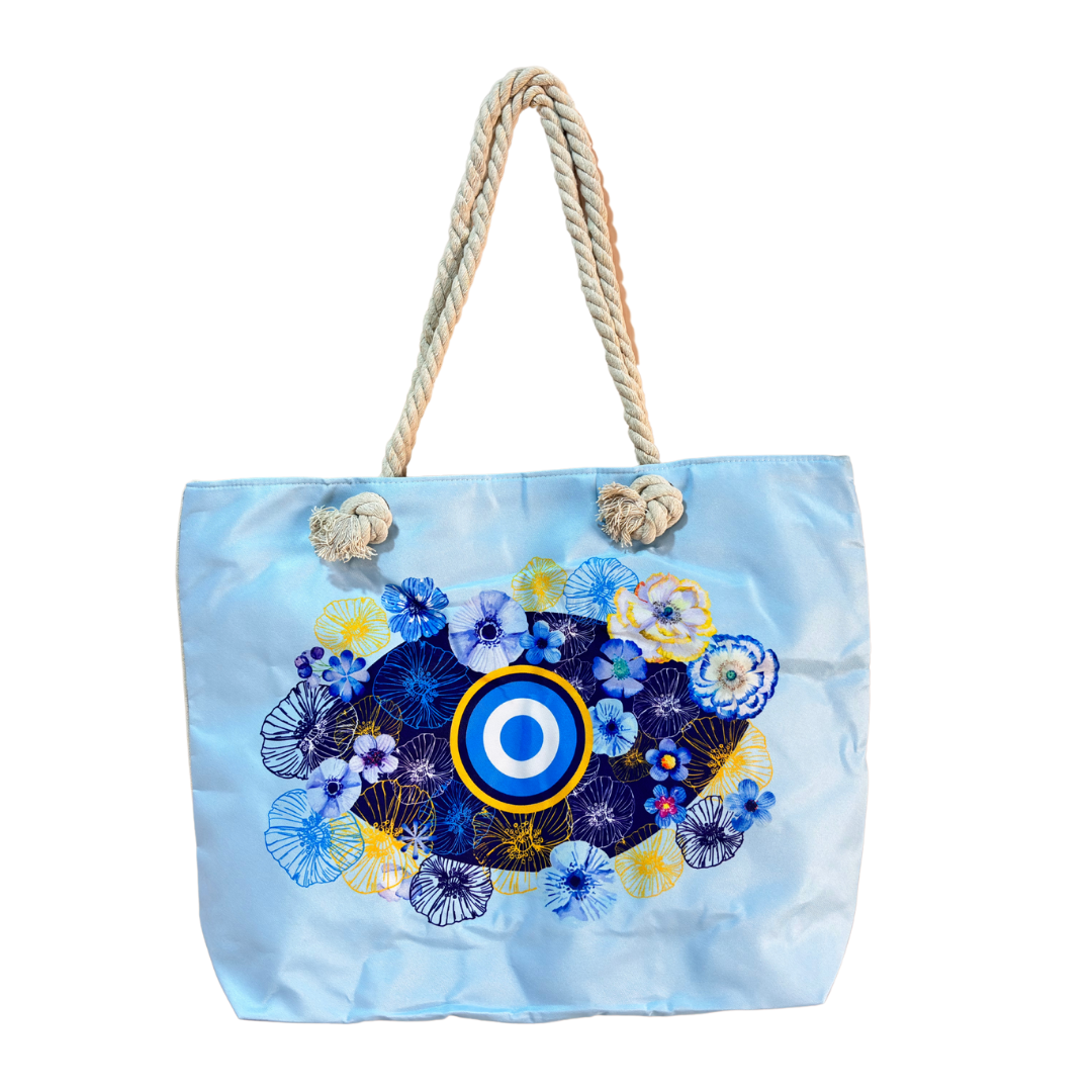 The Beach Party Edition:- Sky Blue Evil Eye Print Beach Tote Bag with complimentary Pouch