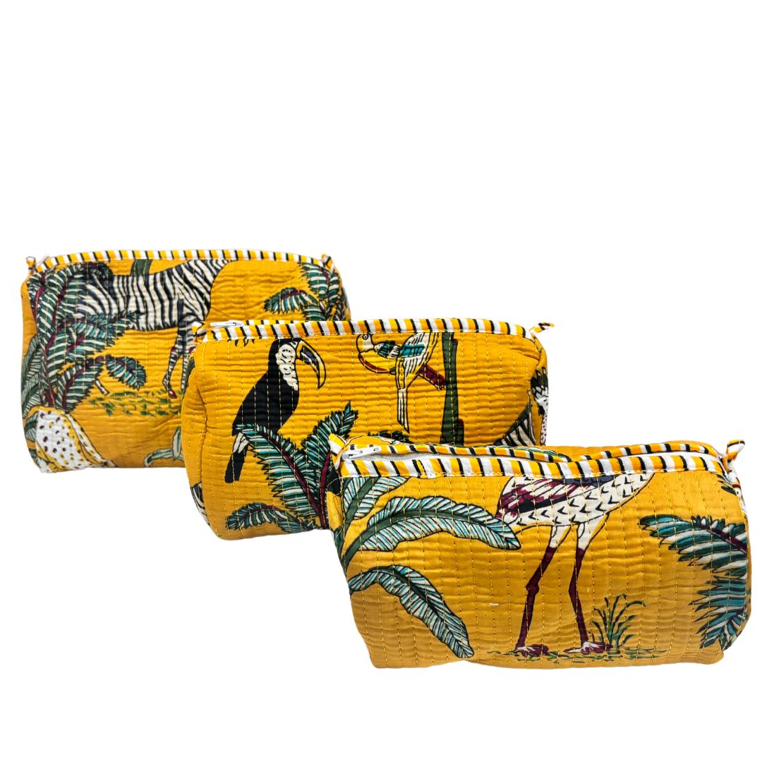The Alfred Edition Travel Accessory:- Premium Waterproof Quilted Animal Printed Yellow Cotton Beauty/Travel Organizer Bag for Men & Women (Set of 3) - The House of RajPadmini