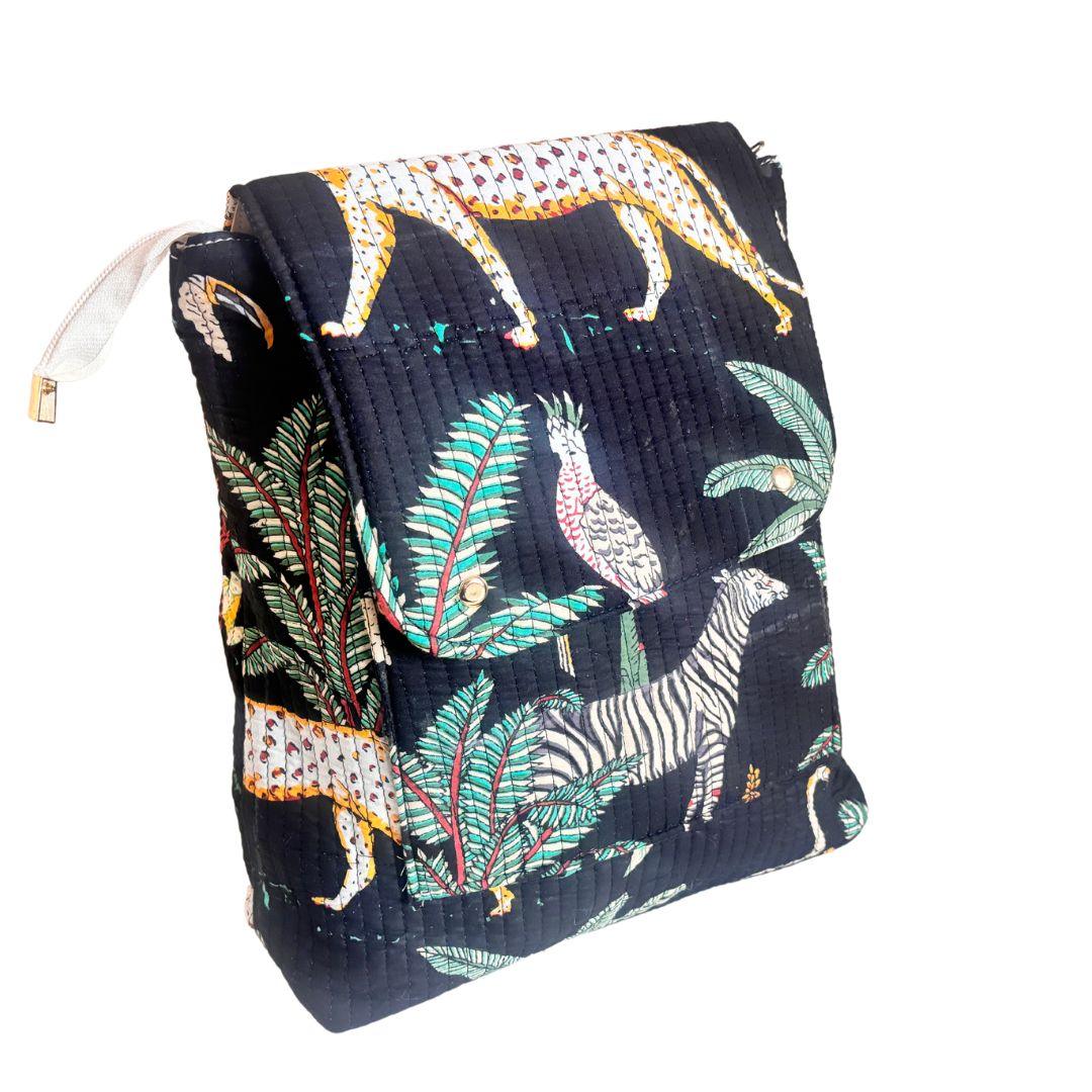 The Jungle Book Edition:- Premium Quilted Cotton Black Backpack with Ethnic Animal Print Design - The House of RajPadmini