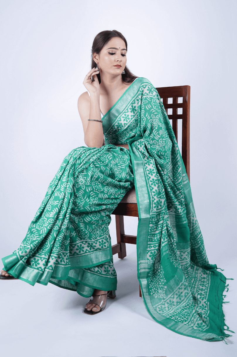 Hand Block Printed Green Cotton Linen Saree - The House of RajPadmini