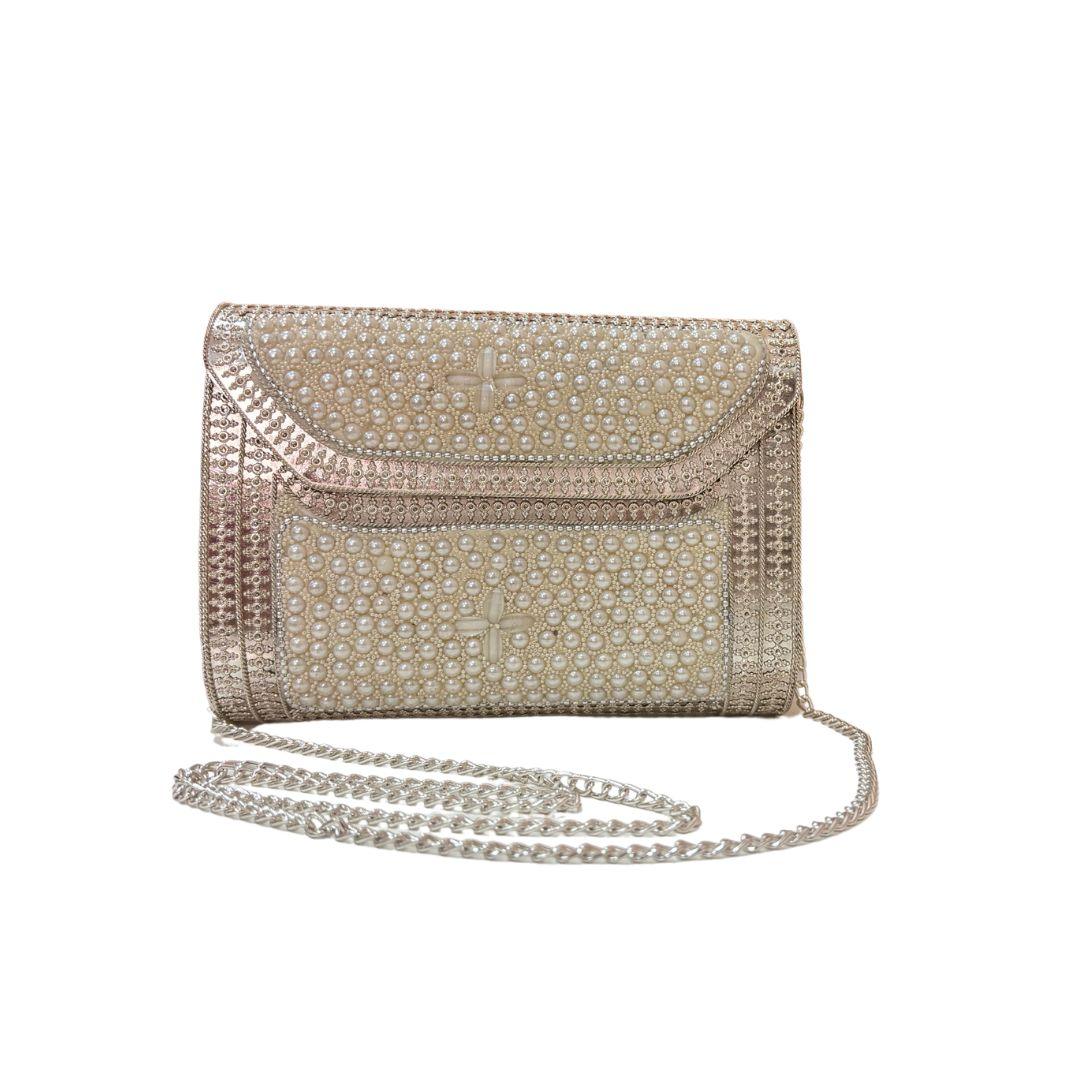 Premium Handcrafted Pearl Metal Box Clutch - The House of RajPadmini