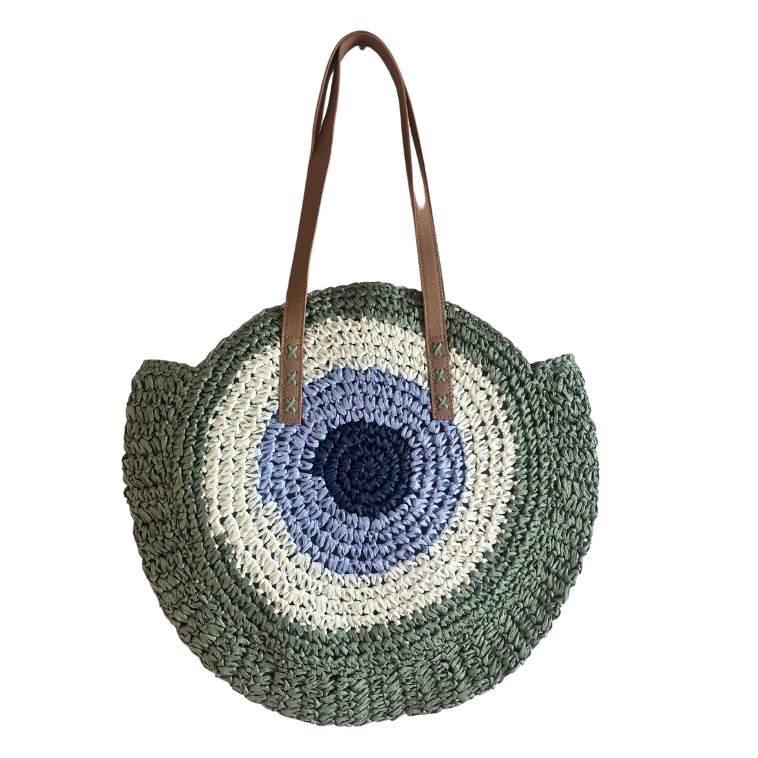 The Beach Party Edition - Premium Evil Eye Round Green Straw Beach Tote
