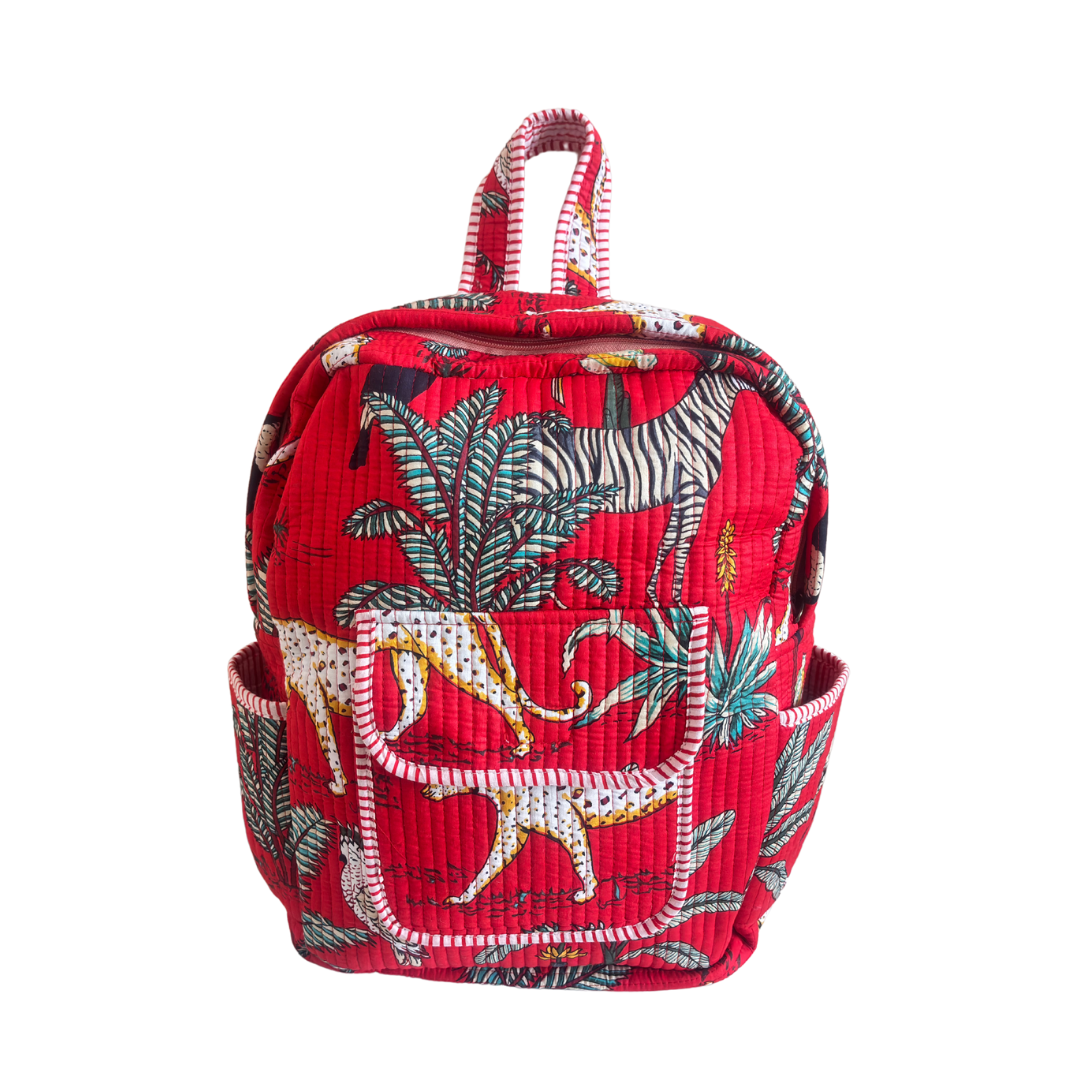 The Jungle Book Edition:- Premium Quilted Red Cotton Backpack with Animal Print Design - Stylish Eco-Friendly Bag for School, Travel, and Everyday Adventures