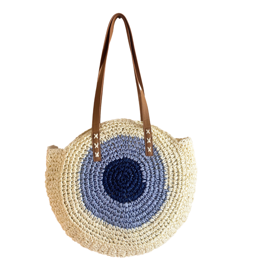 The Beach Party Edition - Premium Evil Eye Round White Straw Beach Tote