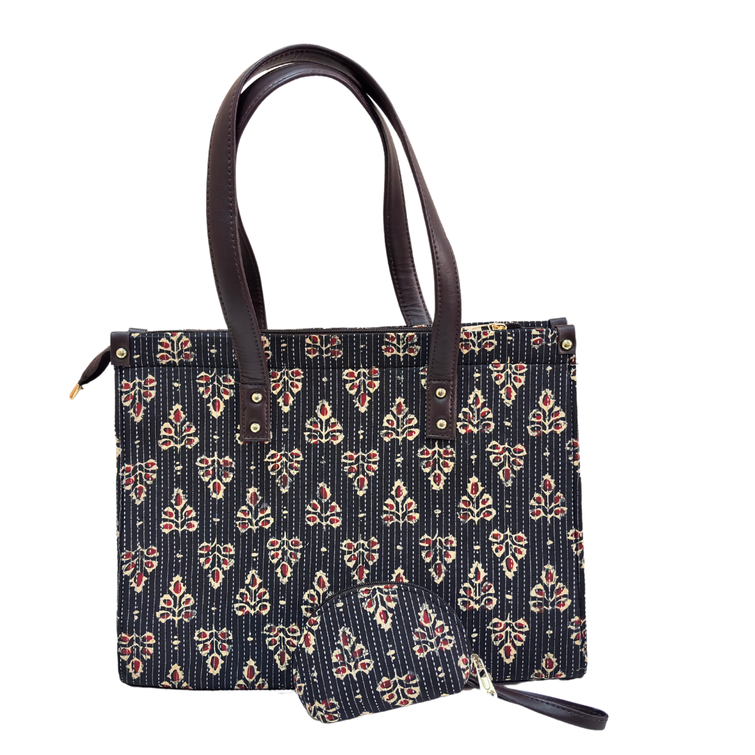 Atrangi Edition:- Handblock Printed Black Tote Bag with complimentary Pouch - The House of RajPadmini