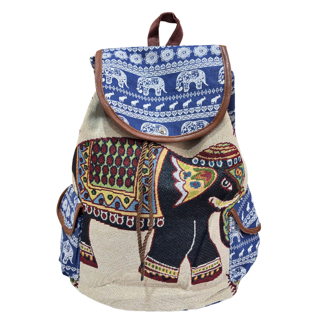 Trekking Paradise Edition: Natural Hemp Elephant Print Drawstring Backpack - The House of RajPadmini