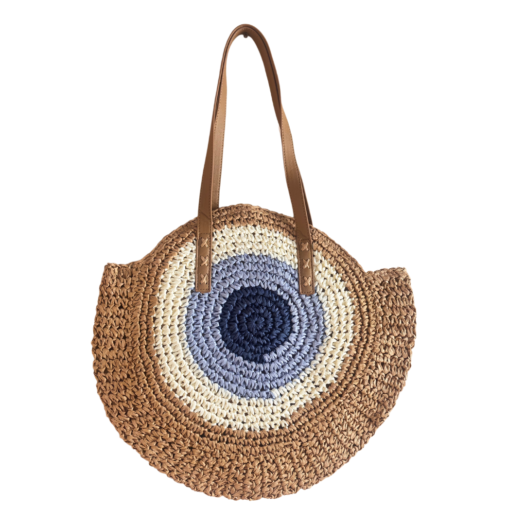 The Beach Party Edition - Premium Evil Eye Round Brown Straw Beach Tote