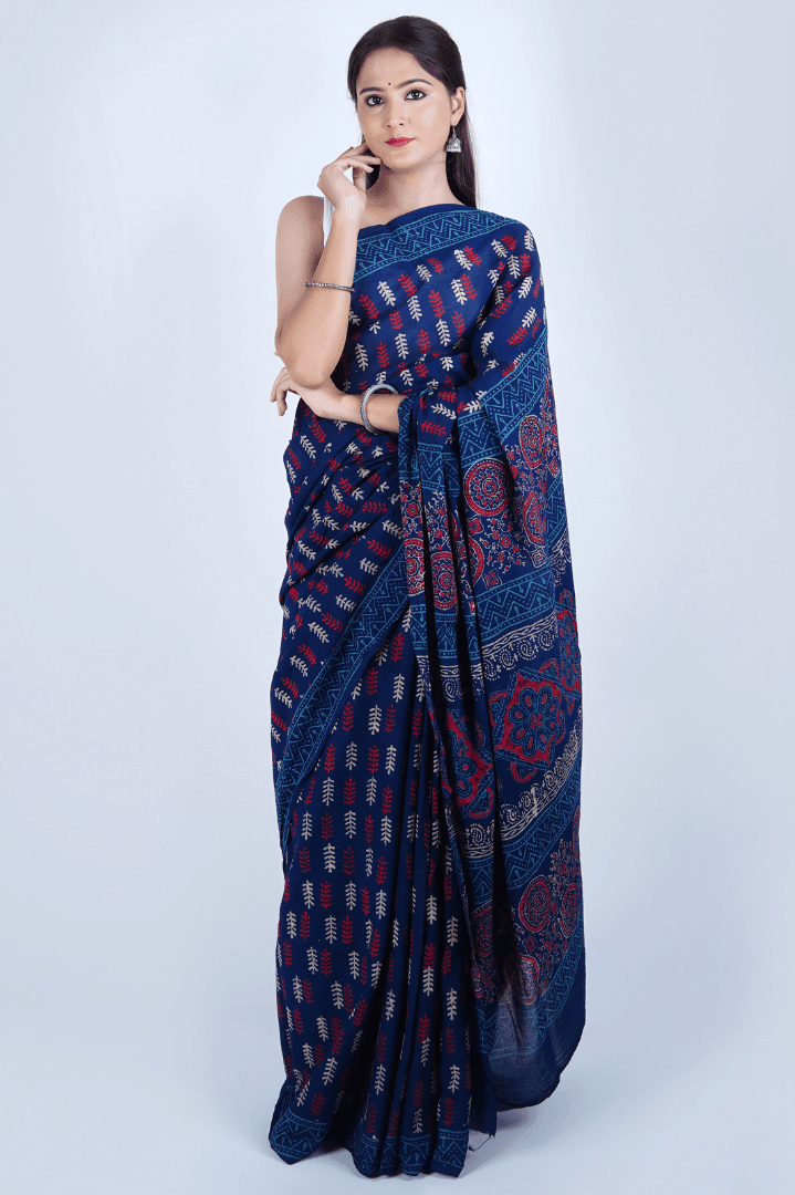 Hand Block Printed Blue Pure Mulmul Cotton Saree - The House of RajPadmini