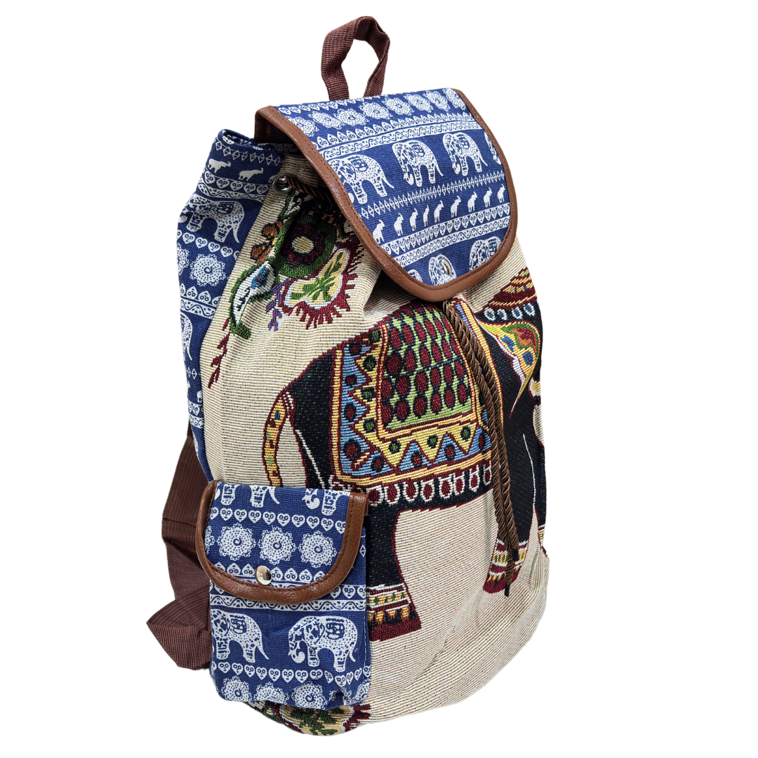 Trekking Paradise Edition: Natural Hemp Elephant Print Drawstring Backpack - The House of RajPadmini