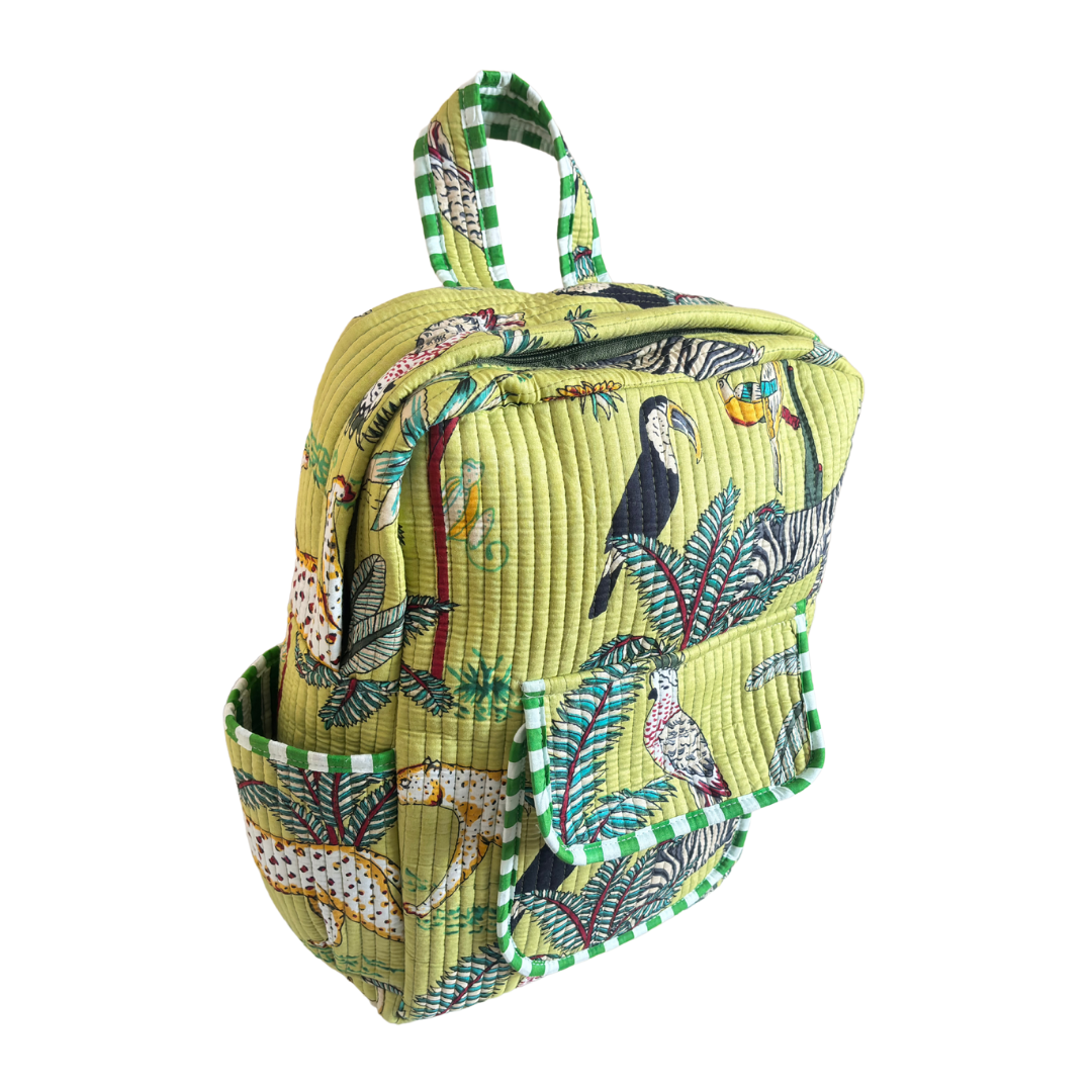 The Jungle Book Edition:- Premium Quilted Green Cotton Backpack with Animal Print Design - Stylish Eco-Friendly Bag for School, Travel, and Everyday Adventures