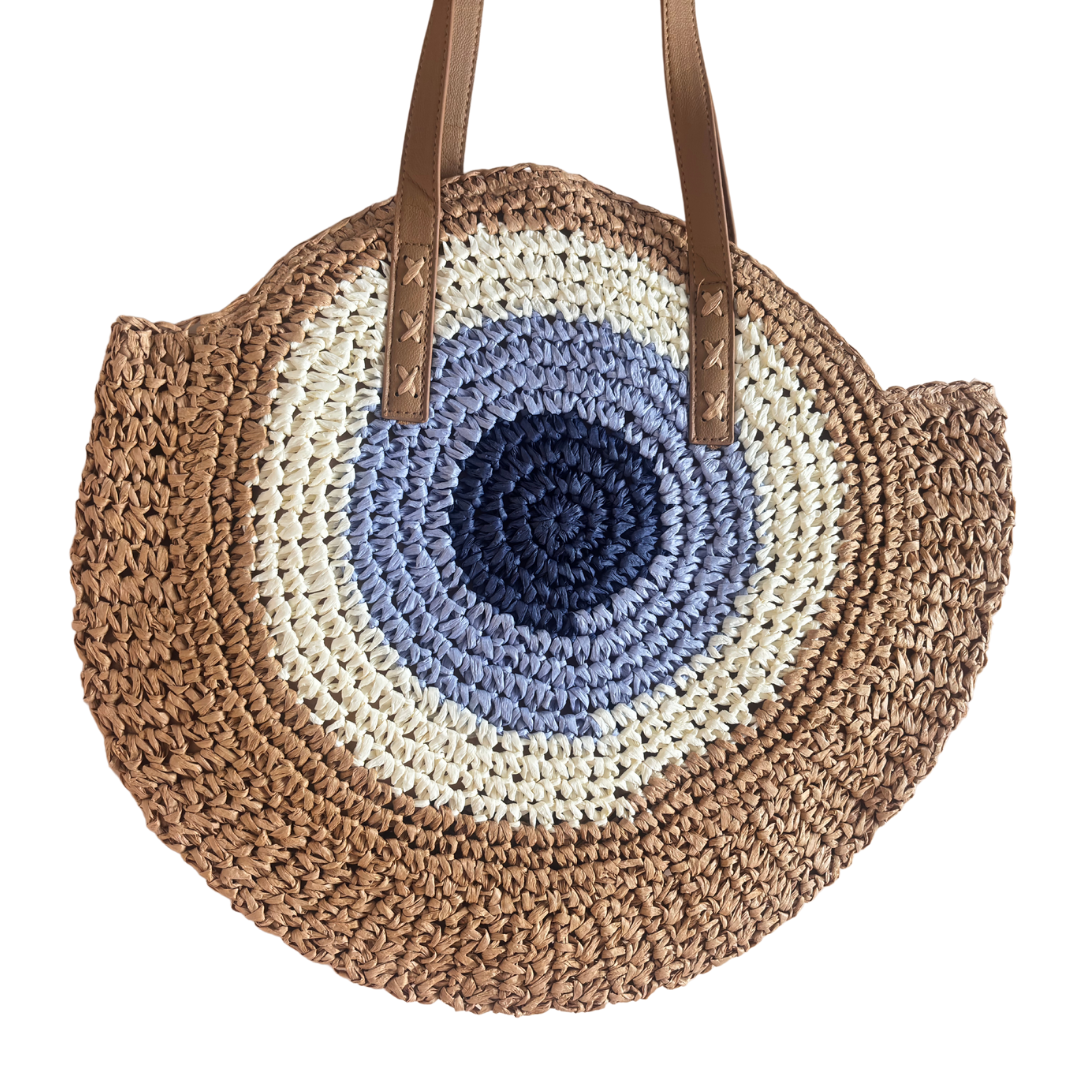 The Beach Party Edition - Premium Evil Eye Round Brown Straw Beach Tote