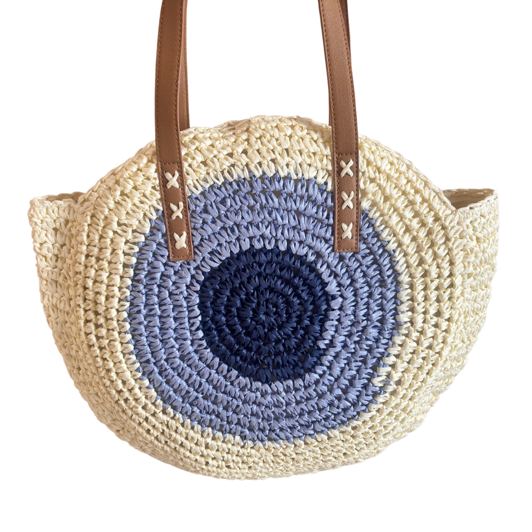 The Beach Party Edition - Premium Evil Eye Round White Straw Beach Tote