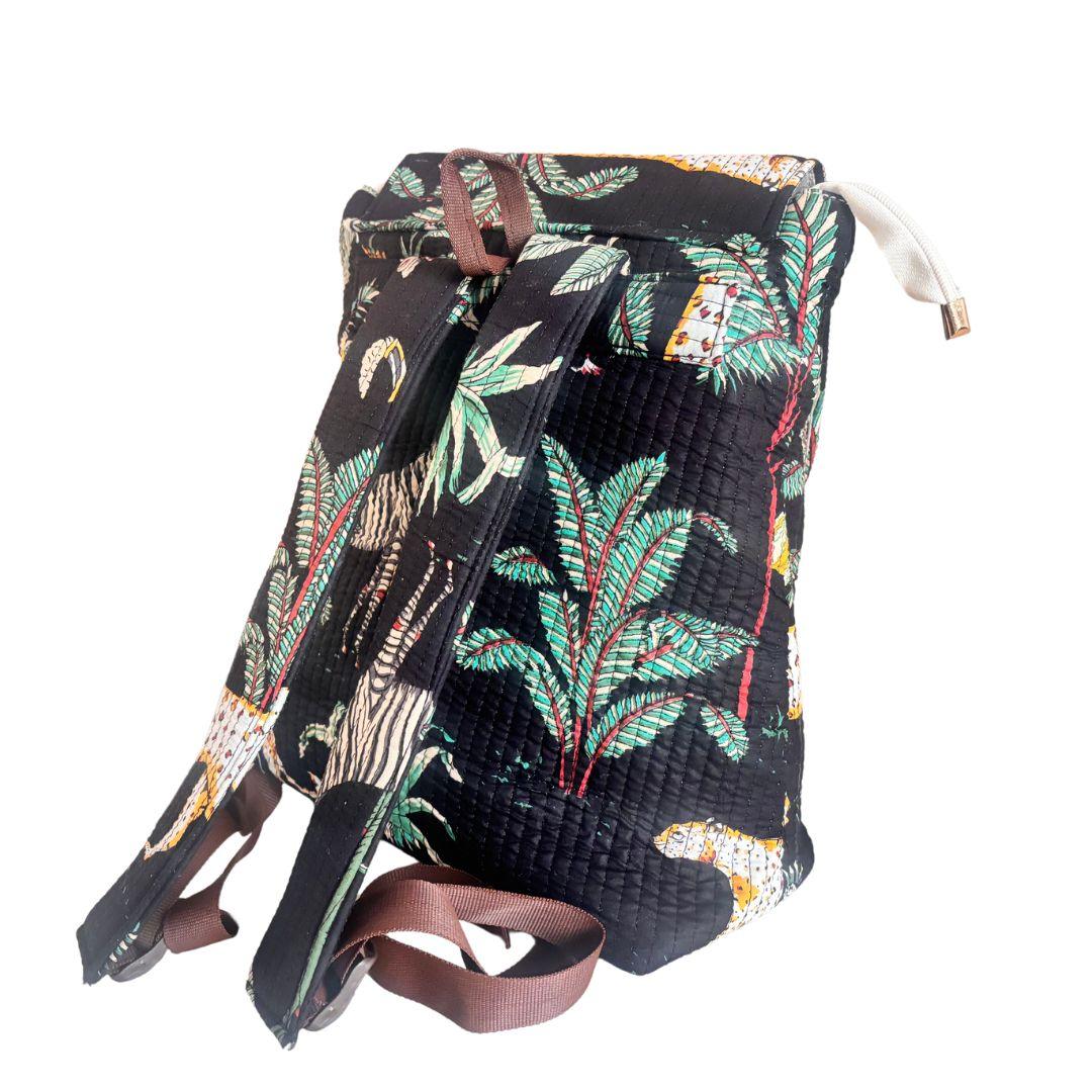 The Jungle Book Edition:- Premium Quilted Cotton Black Backpack with Ethnic Animal Print Design - The House of RajPadmini