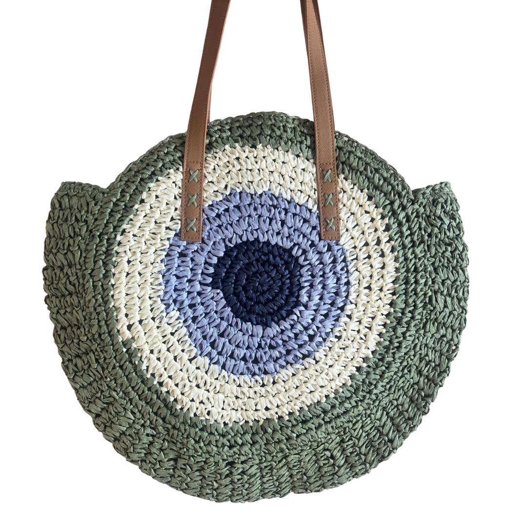 The Beach Party Edition - Premium Evil Eye Round Green Straw Beach Tote