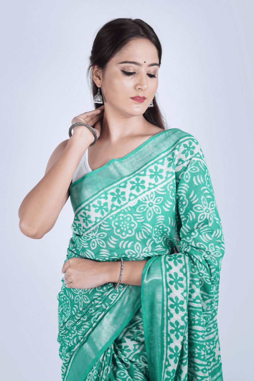 Hand Block Printed Green Cotton Linen Saree - The House of RajPadmini