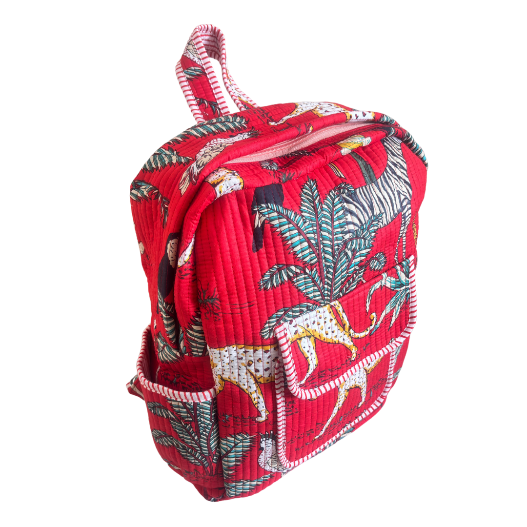 The Jungle Book Edition:- Premium Quilted Red Cotton Backpack with Animal Print Design - Stylish Eco-Friendly Bag for School, Travel, and Everyday Adventures