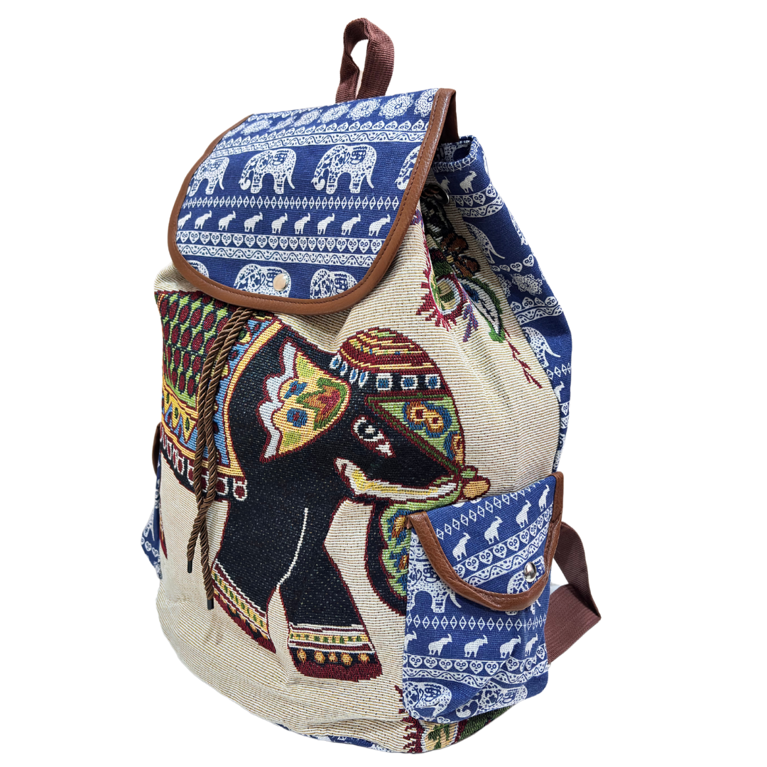 Trekking Paradise Edition: Natural Hemp Elephant Print Drawstring Backpack - The House of RajPadmini