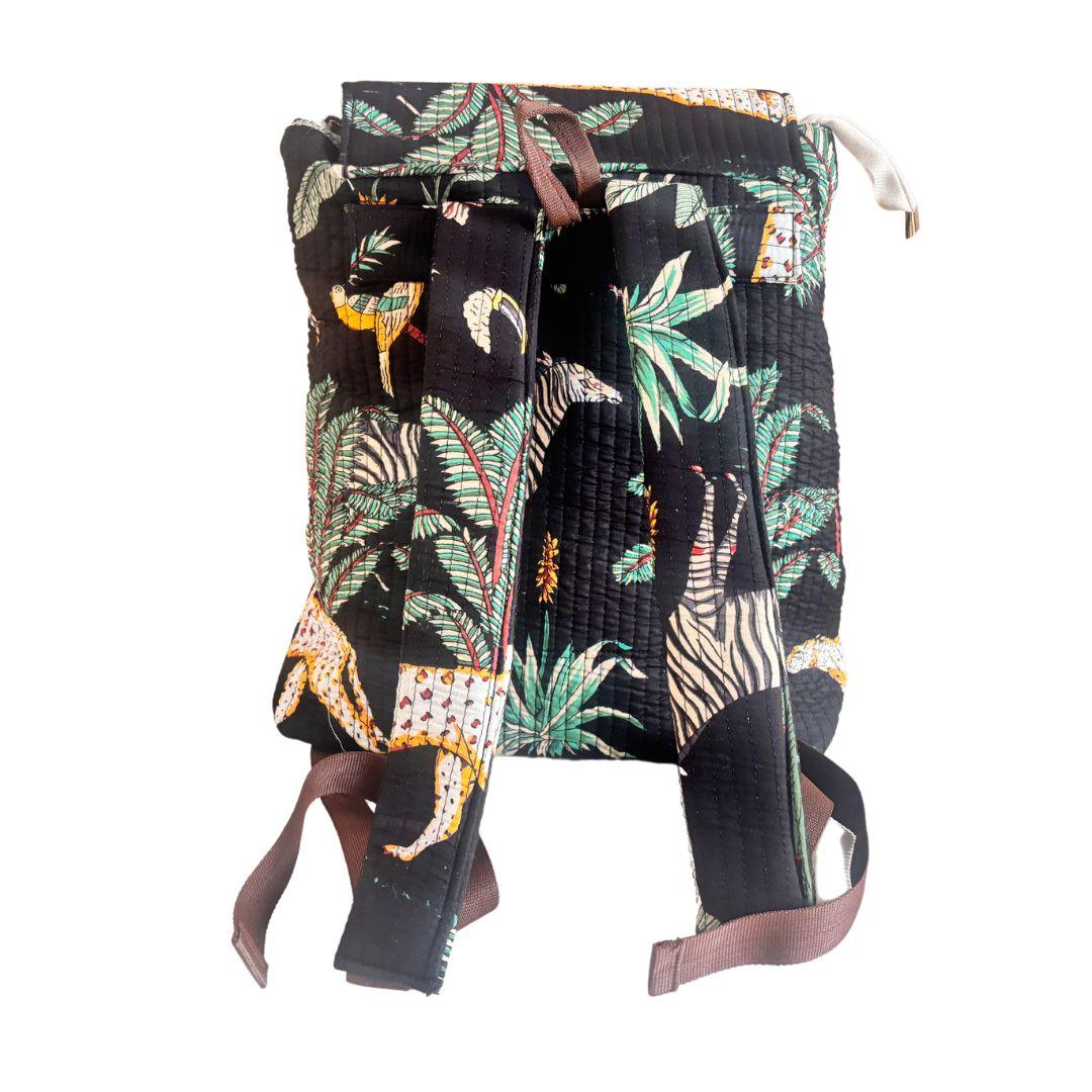 The Jungle Book Edition:- Premium Quilted Cotton Black Backpack with Ethnic Animal Print Design - The House of RajPadmini