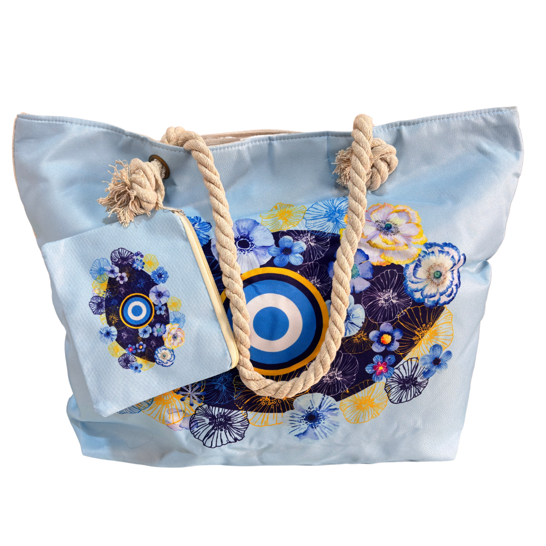 The Beach Party Edition:- Sky Blue Evil Eye Print Beach Tote Bag with complimentary Pouch