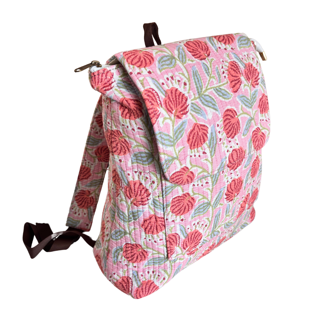 The Jungle Book Edition:- Premium Quilted Cotton Pink Backpack with Floral Print Design
