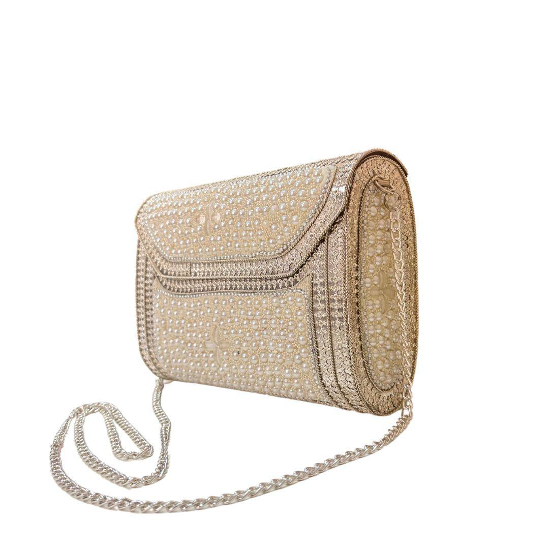 Premium Handcrafted Pearl Metal Box Clutch - The House of RajPadmini