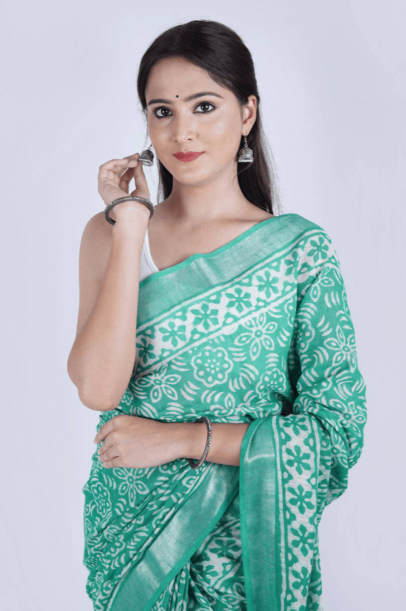 Hand Block Printed Green Cotton Linen Saree - The House of RajPadmini