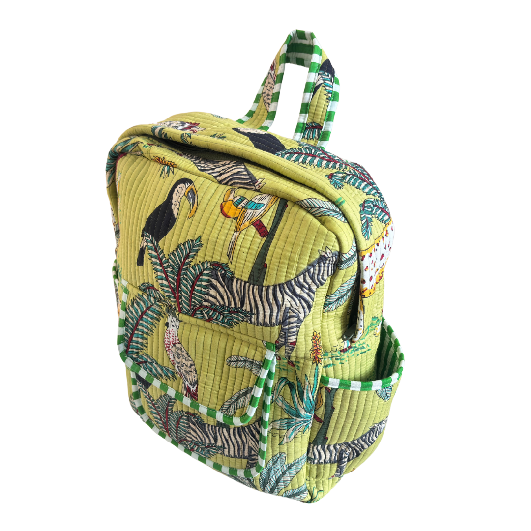 The Jungle Book Edition:- Premium Quilted Green Cotton Backpack with Animal Print Design - Stylish Eco-Friendly Bag for School, Travel, and Everyday Adventures
