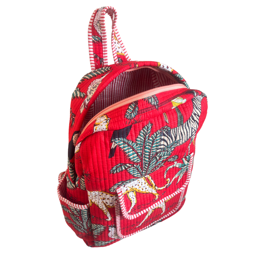 The Jungle Book Edition:- Premium Quilted Red Cotton Backpack with Animal Print Design - Stylish Eco-Friendly Bag for School, Travel, and Everyday Adventures