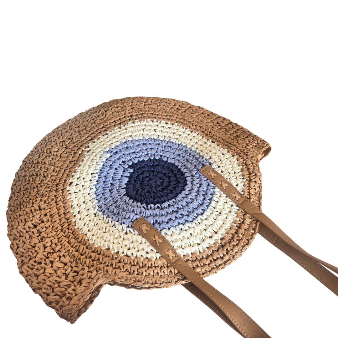 The Beach Party Edition - Premium Evil Eye Round Brown Straw Beach Tote