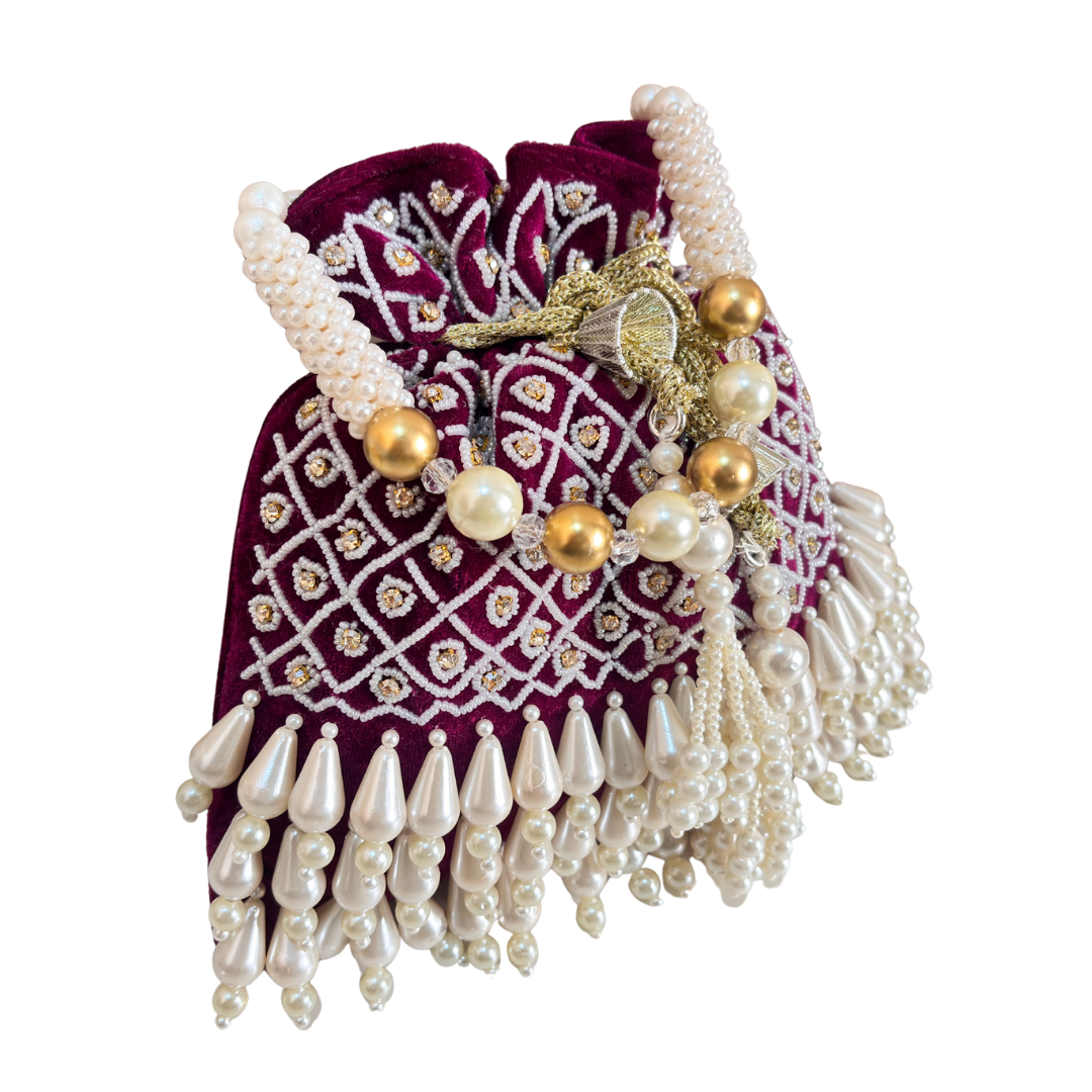 The House of RajPadmini Velvet Pearl Embroidered Potli Bag