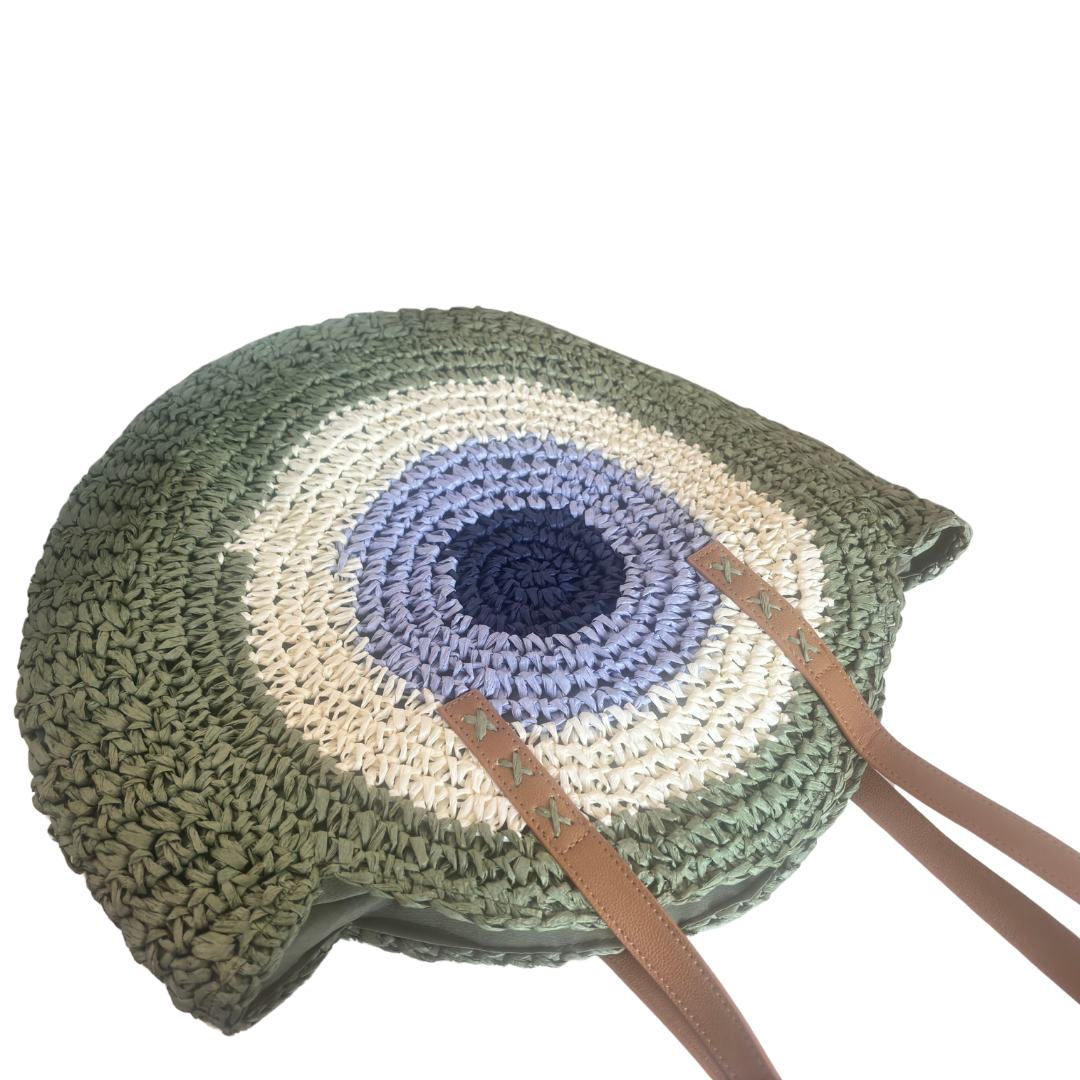 The Beach Party Edition - Premium Evil Eye Round Green Straw Beach Tote