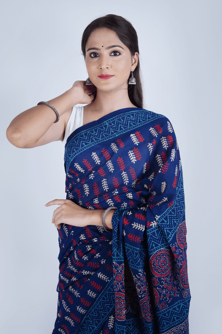 Hand Block Printed Blue Pure Mulmul Cotton Saree - The House of RajPadmini