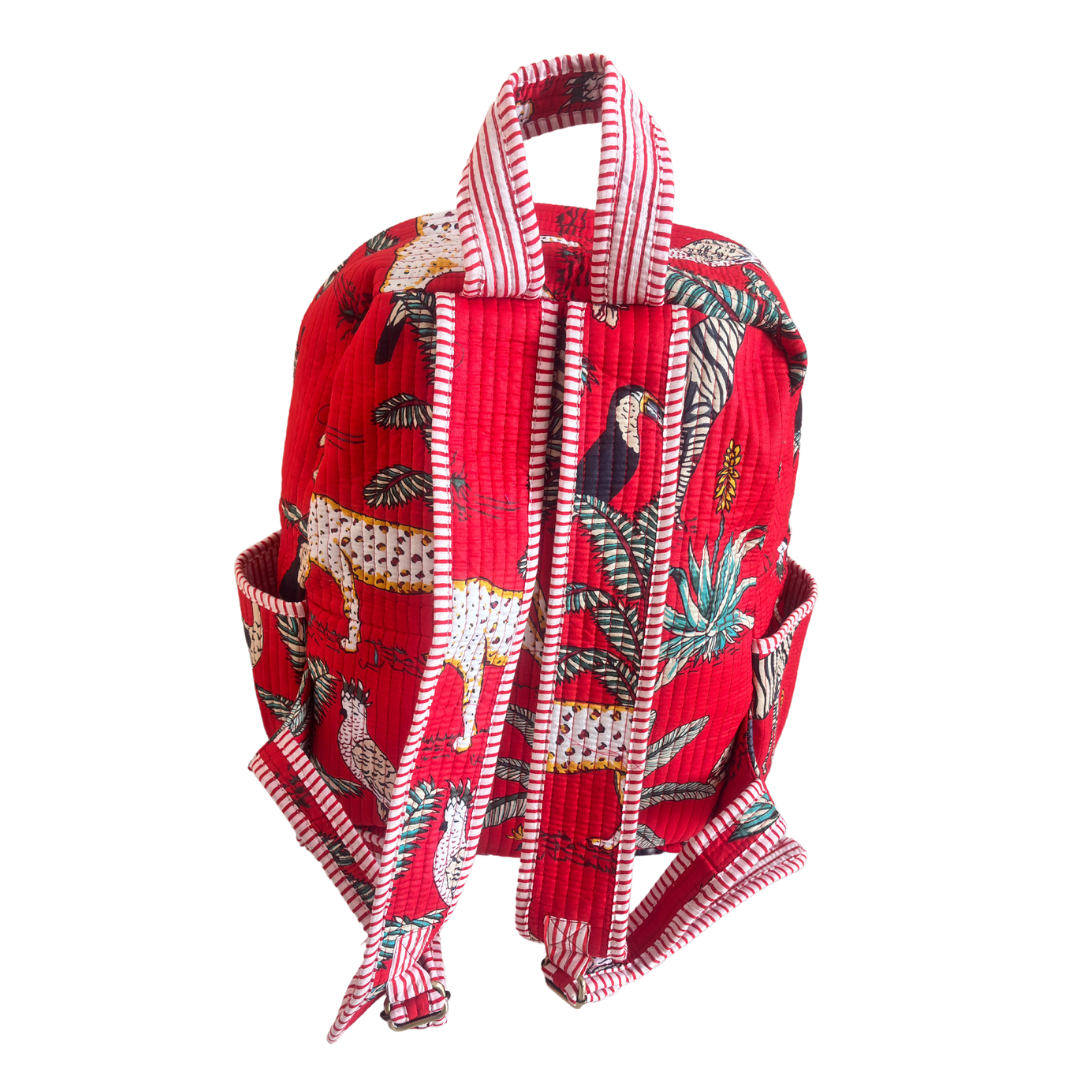 The Jungle Book Edition:- Premium Quilted Red Cotton Backpack with Animal Print Design - Stylish Eco-Friendly Bag for School, Travel, and Everyday Adventures