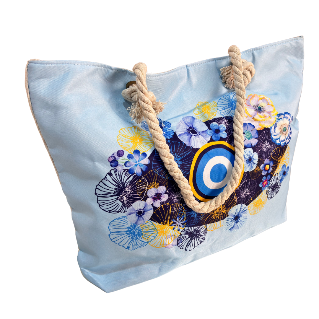 The Beach Party Edition:- Sky Blue Evil Eye Print Beach Tote Bag with complimentary Pouch