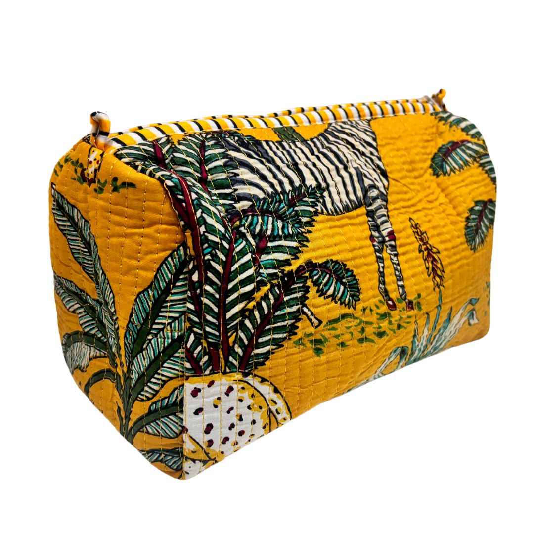 The Alfred Edition Travel Accessory:- Premium Waterproof Quilted Animal Printed Yellow Cotton Beauty/Travel Organizer Bag for Men & Women (Set of 3) - The House of RajPadmini