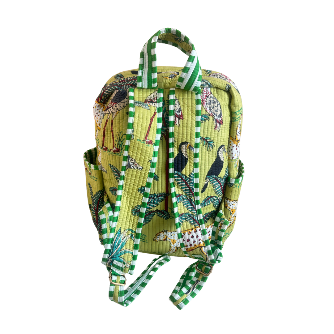 The Jungle Book Edition:- Premium Quilted Green Cotton Backpack with Animal Print Design - Stylish Eco-Friendly Bag for School, Travel, and Everyday Adventures