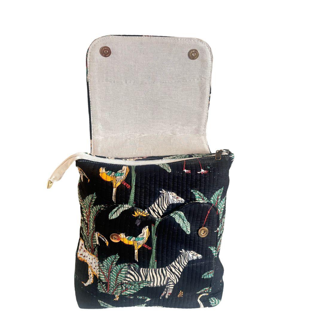 The Jungle Book Edition:- Premium Quilted Cotton Black Backpack with Ethnic Animal Print Design - The House of RajPadmini