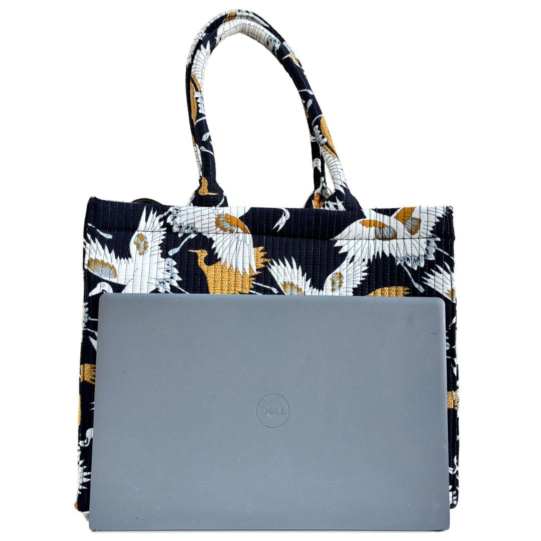 Quilted Black Laptop Tote Bag with Complementary Pouch - The House of RajPadmini