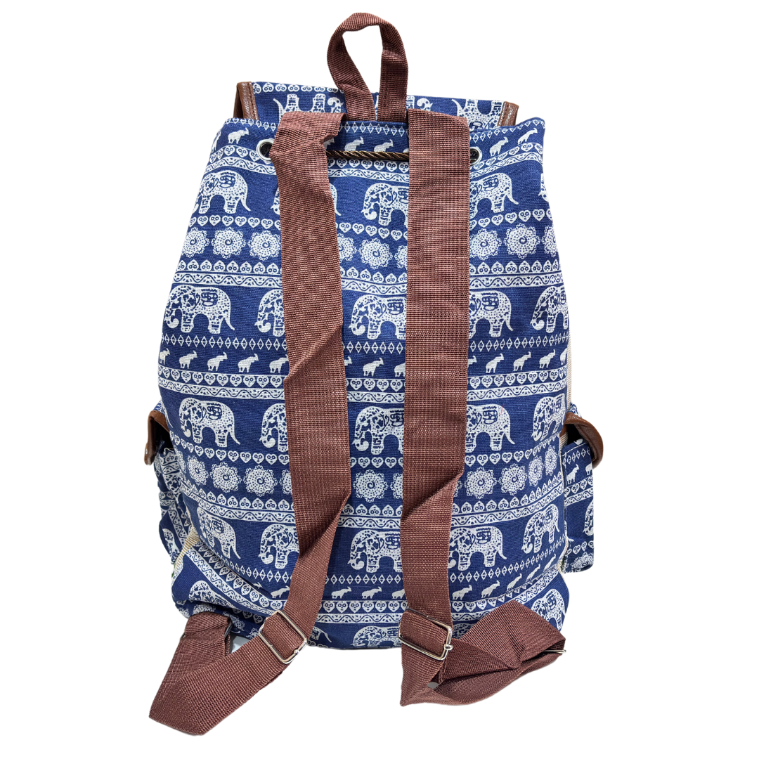 Trekking Paradise Edition: Natural Hemp Elephant Print Drawstring Backpack - The House of RajPadmini
