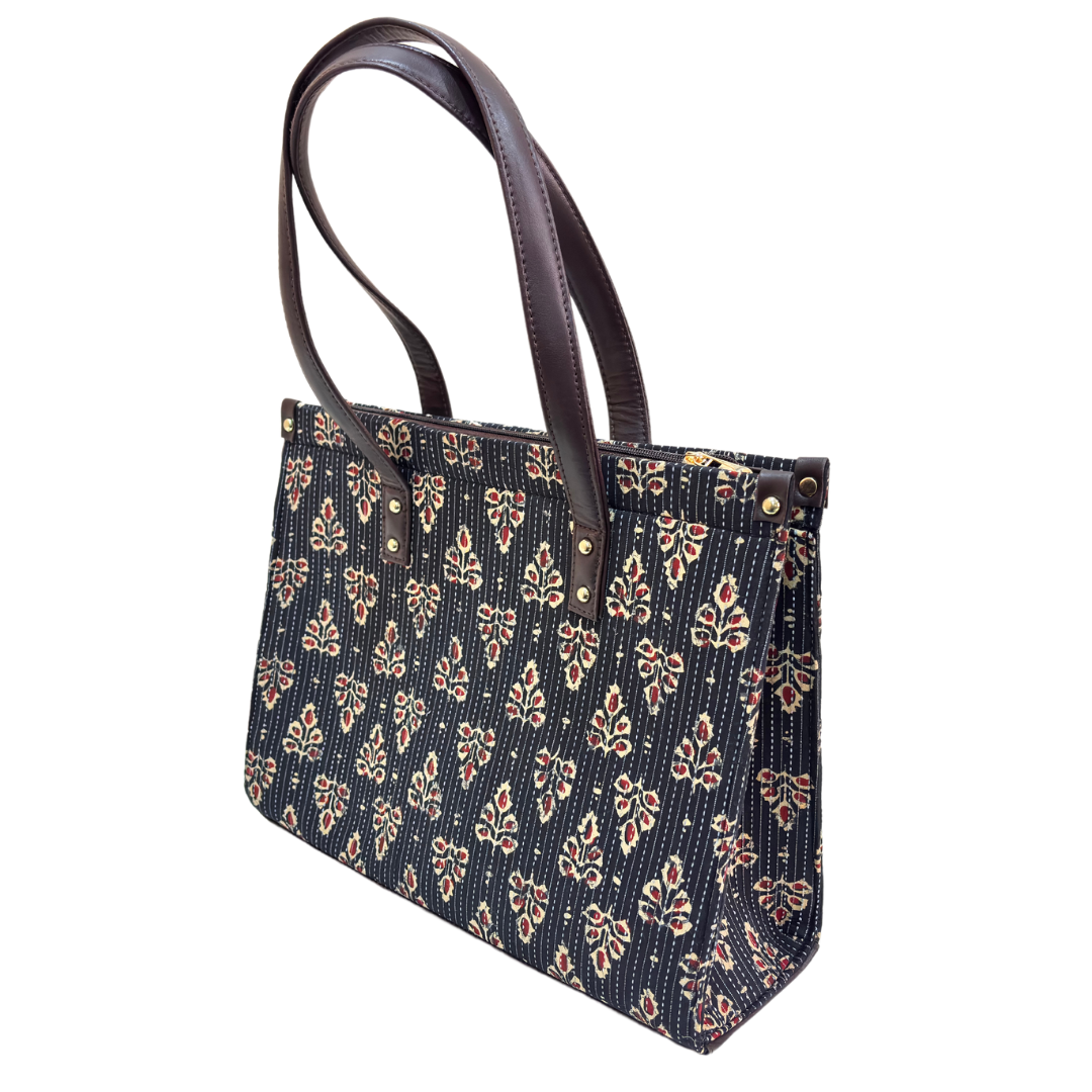 Atrangi Edition:- Handblock Printed Black Tote Bag with complimentary Pouch - The House of RajPadmini