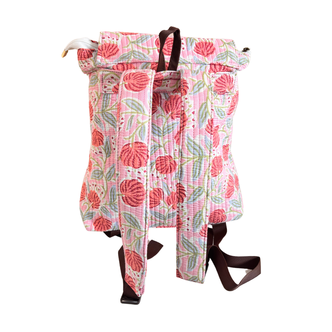 The Jungle Book Edition:- Premium Quilted Cotton Pink Backpack with Floral Print Design