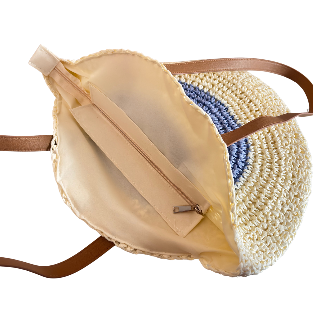 The Beach Party Edition - Premium Evil Eye Round White Straw Beach Tote