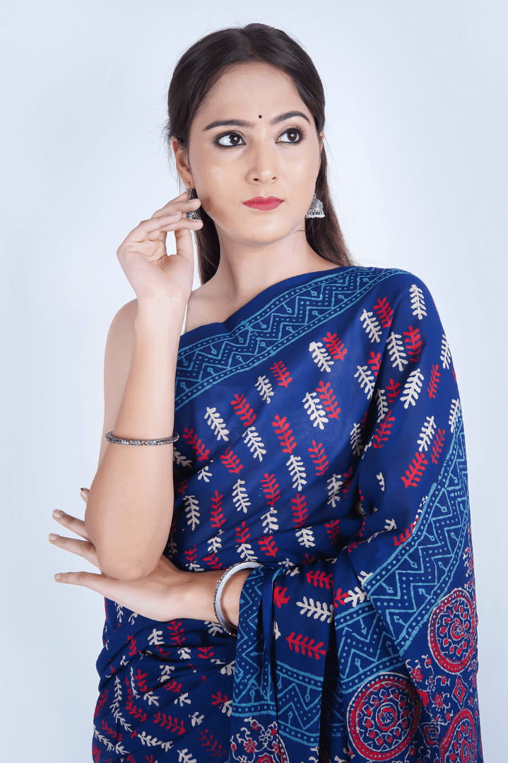 Hand Block Printed Blue Pure Mulmul Cotton Saree - The House of RajPadmini