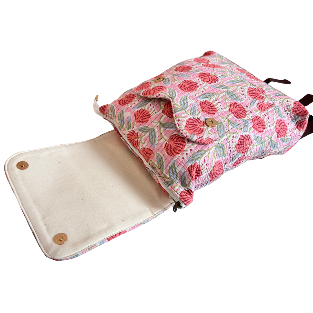 The Jungle Book Edition:- Premium Quilted Cotton Pink Backpack with Floral Print Design
